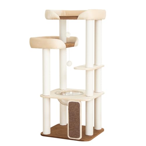 Cat Tree Tower Wooden 37.4''(95 cm), Large Cat Tree with Jump Platform & Play Ball for Indoor Cats, Ideal Cat's Climbing Frame & Playhouse (Linen Fabric Light Grey)