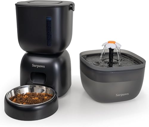 Automatic Cat Feeder and Water Dispenser FW1, Wire or Battery Cat Food Dispenser Timer Pet Feeder - Locking Lid, Desiccant Bag, Programmable Portion Control, 4 Daily Meals, 10s Voice Recorder